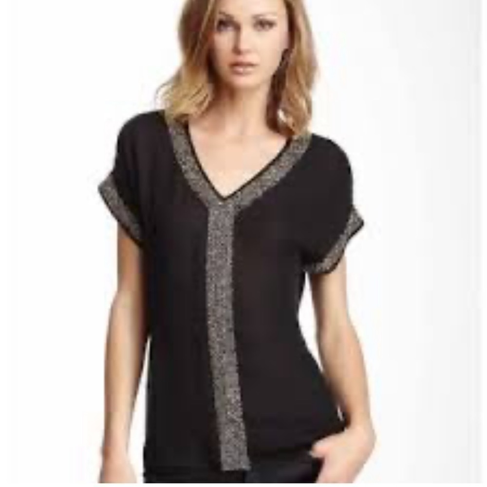 Love Token Womens Beaded Silver & Black V-Neck Drop Sleeve 100% Silk Size Medium